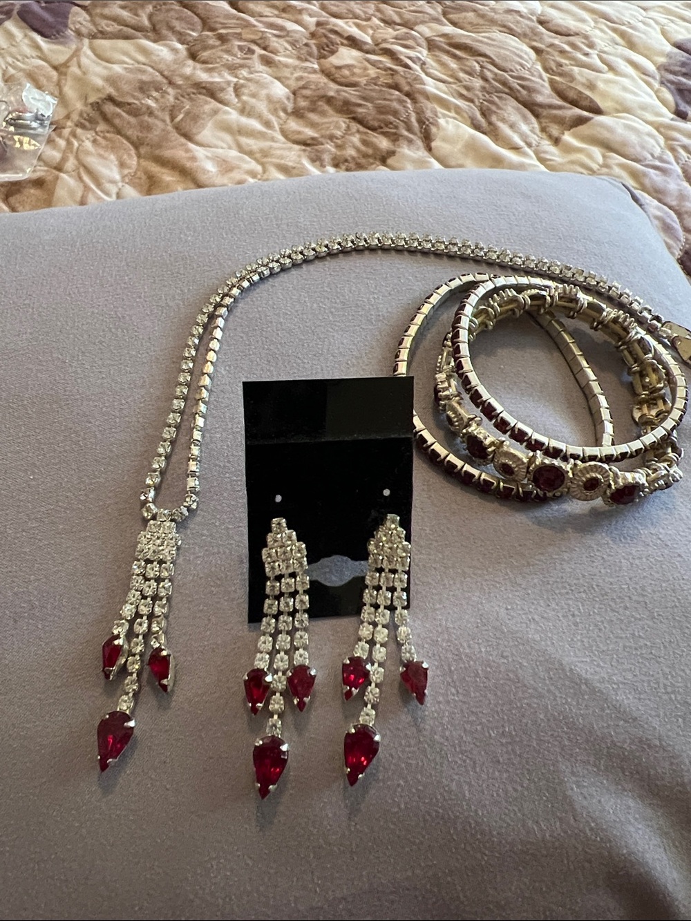 Elegant Red Teardrop Crystal Necklace & Earring Set with Matching Bangles